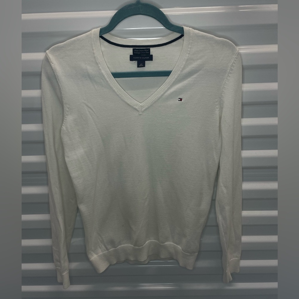 Tommy Hilfiger White Cotton Blend V-neck Sweater